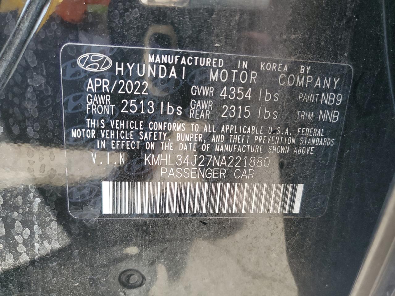 2022 Hyundai Sonata Limited VIN: KMHL34J27NA221880 Lot: 73410574