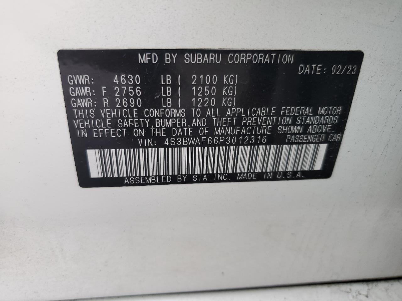 4S3BWAF66P3012316 2023 Subaru Legacy Premium