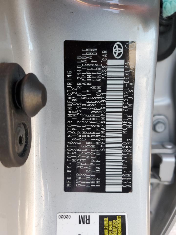 2022 Toyota Corolla Le VIN: 5YFEPMAE9NP361971 Lot: 73094724