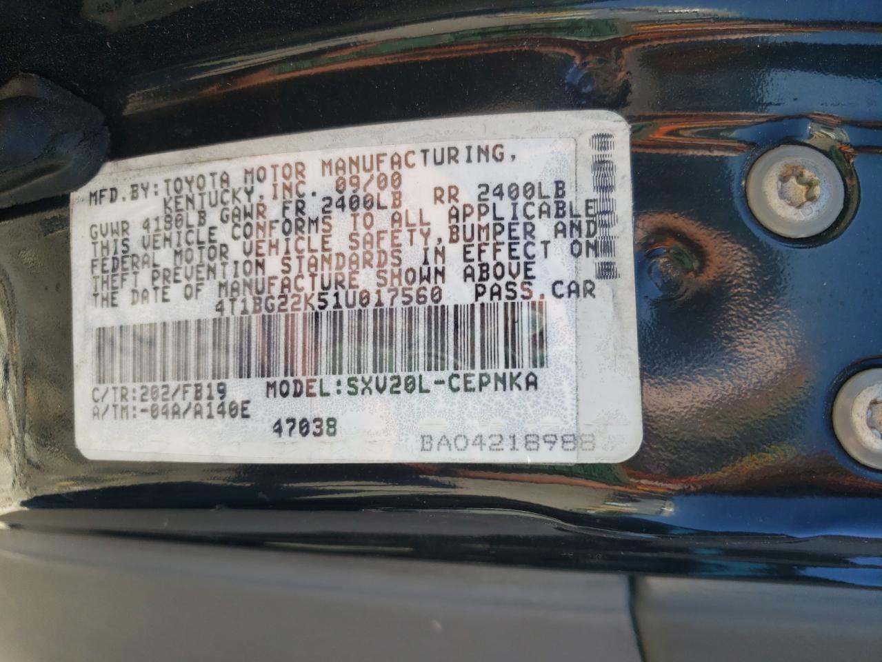 4T1BG22K51U017560 2001 Toyota Camry Ce