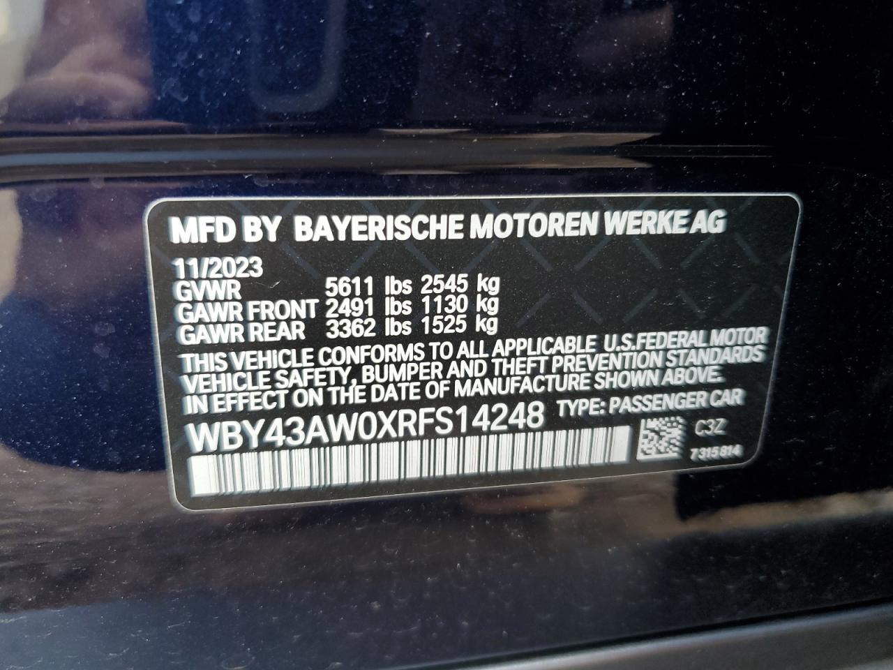 2024 BMW I4 Edrive 35 VIN: WBY43AW0XRFS14248 Lot: 70618584