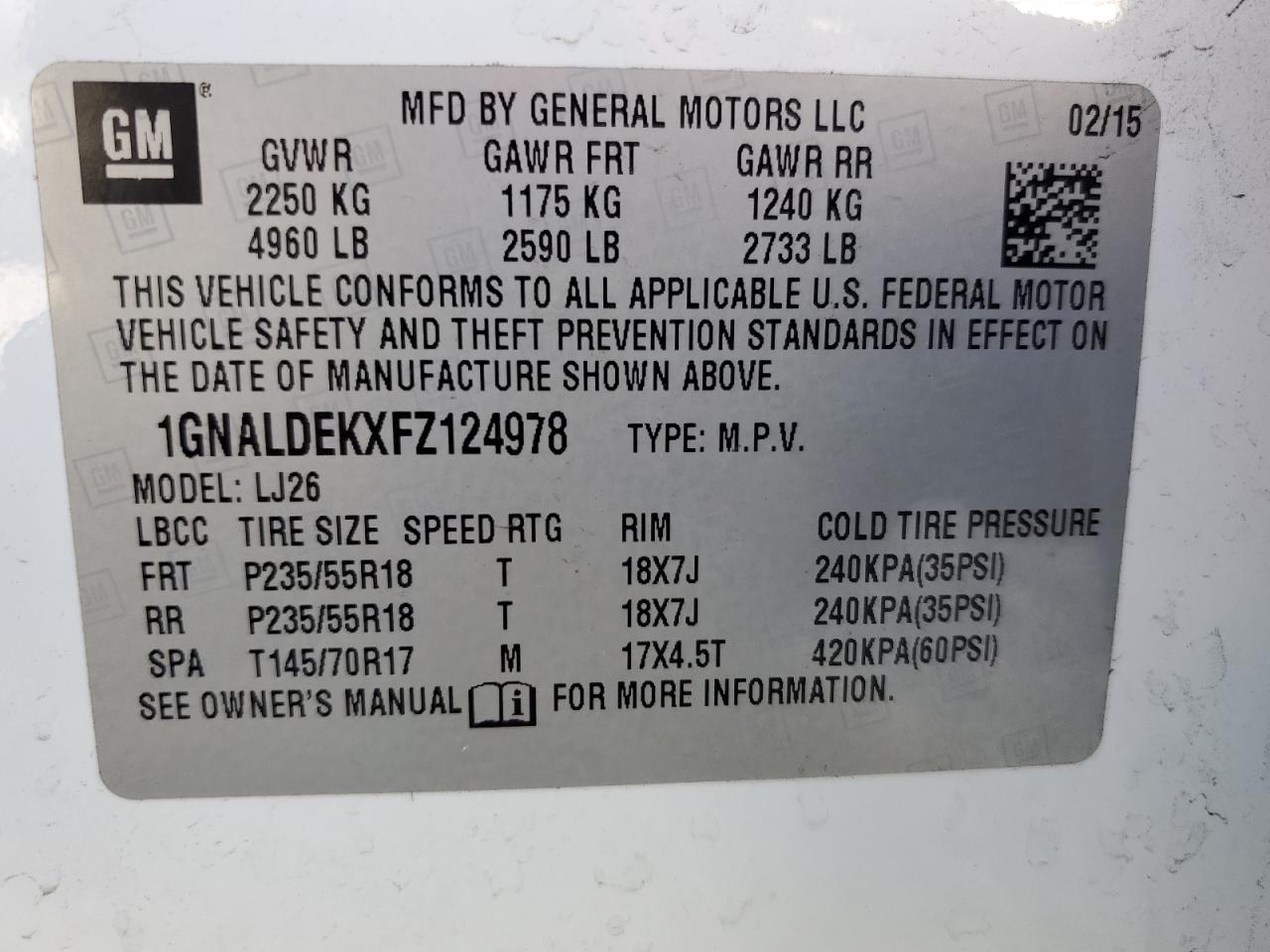 2015 Chevrolet Equinox Ltz VIN: 1GNALDEKXFZ124978 Lot: 73610814