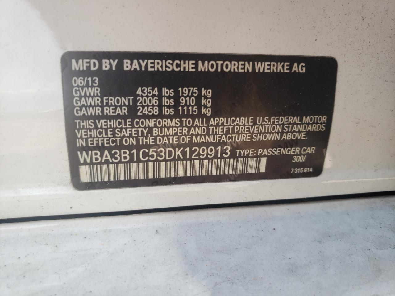 VIN WBA3B1C53DK129913 2013 BMW 3 SERIES no.12