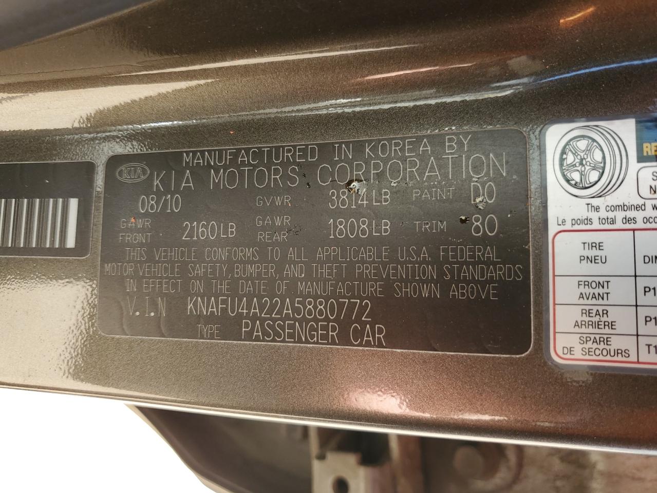 KNAFU4A22A5880772 2010 Kia Forte Ex