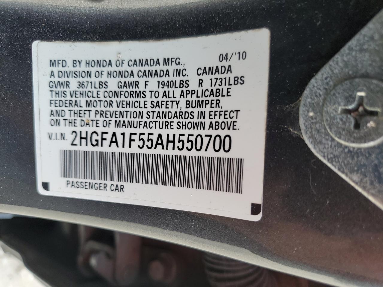 2HGFA1F55AH550700 2010 Honda Civic Lx