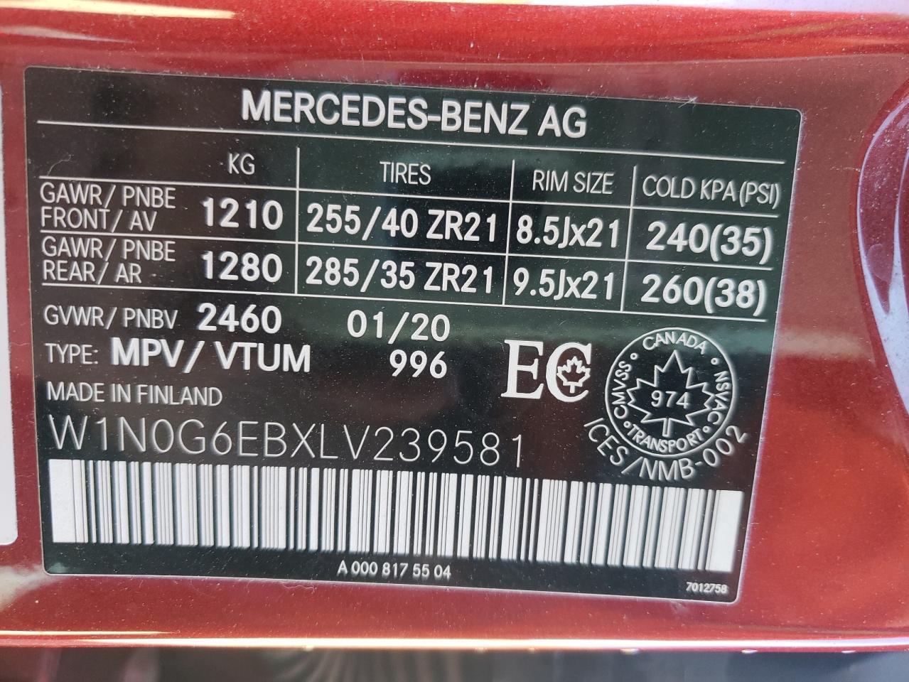 2020 Mercedes-Benz Glc 43 4Matic Amg VIN: W1N0G6EBXLV239581 Lot: 70261194