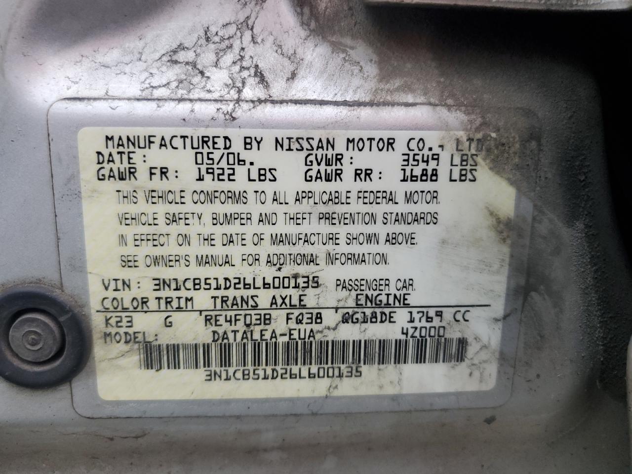 3N1CB51D26L600135 2006 Nissan Sentra 1.8