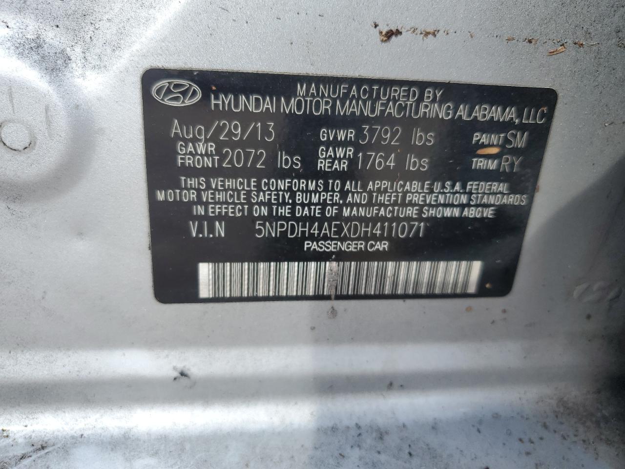 5NPDH4AEXDH411071 2013 Hyundai Elantra Gls