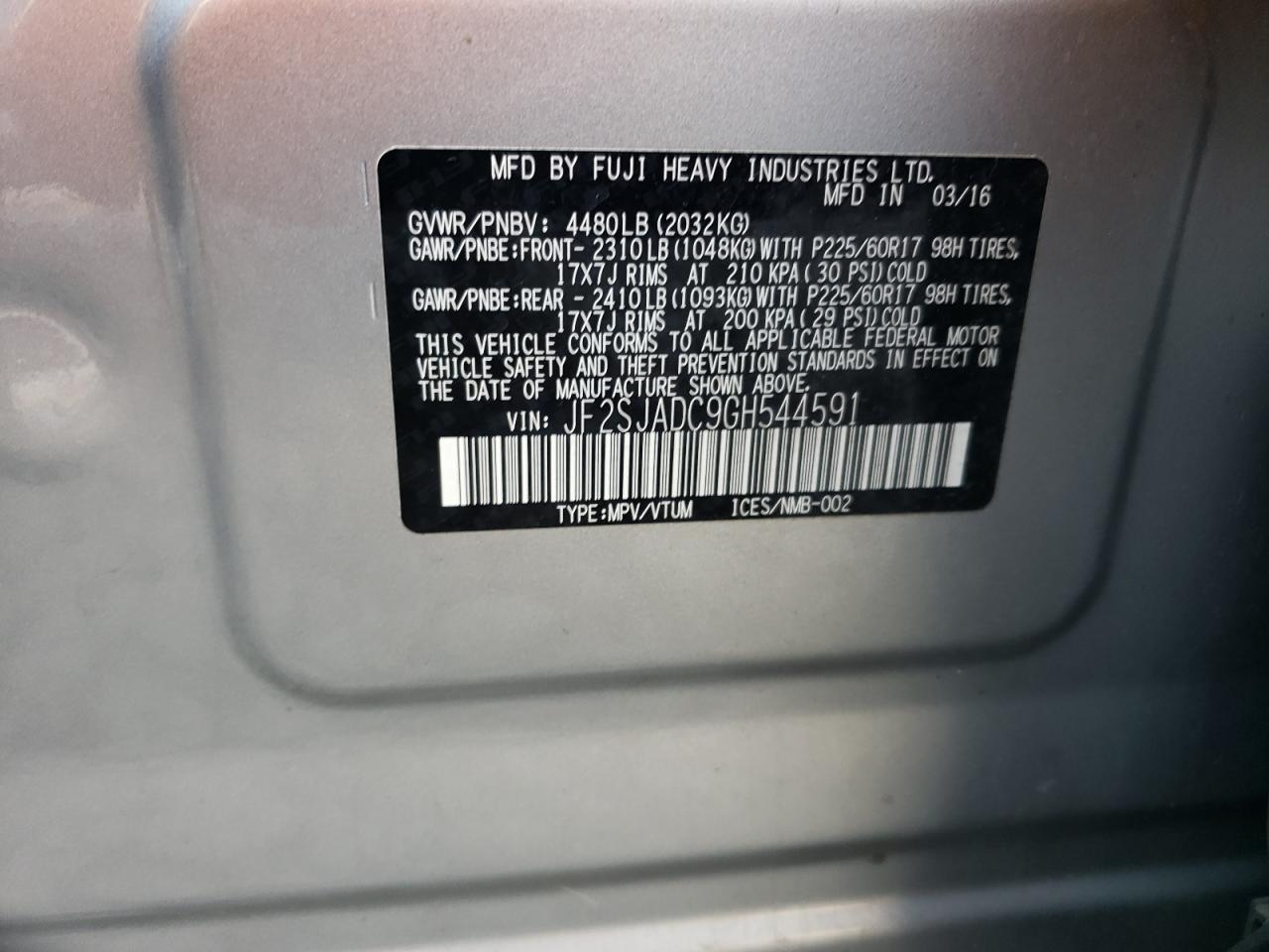 JF2SJADC9GH544591 2016 Subaru Forester 2.5I Premium