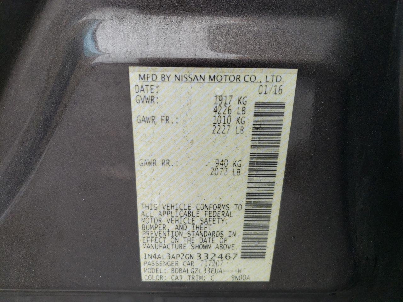 2016 Nissan Altima 2.5 VIN: 1N4AL3AP2GN332467 Lot: 81403345