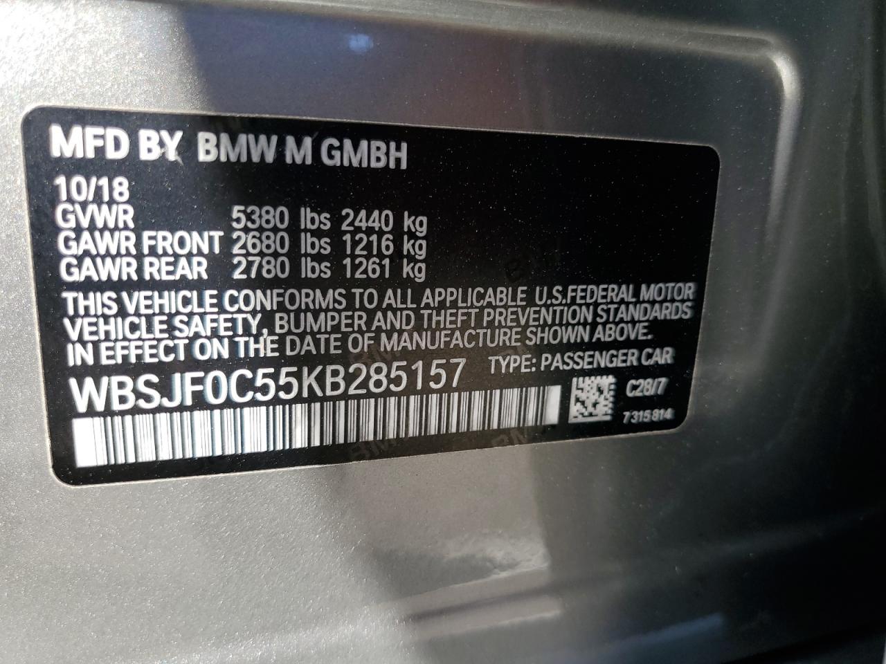 WBSJF0C55KB285157 2019 BMW M5