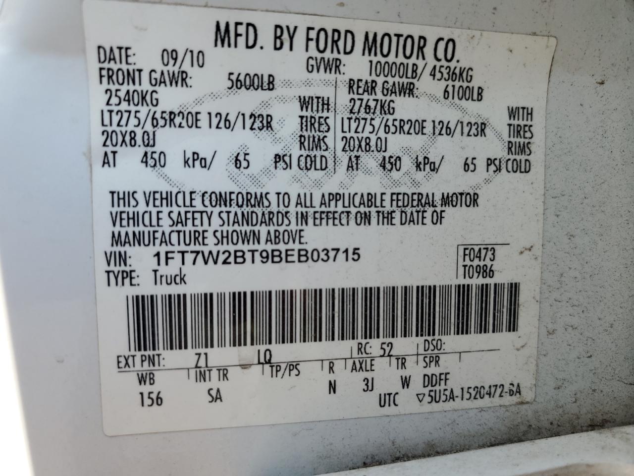 2011 Ford F250 Super Duty VIN: 1FT7W2BT9BEB03715 Lot: 72032094