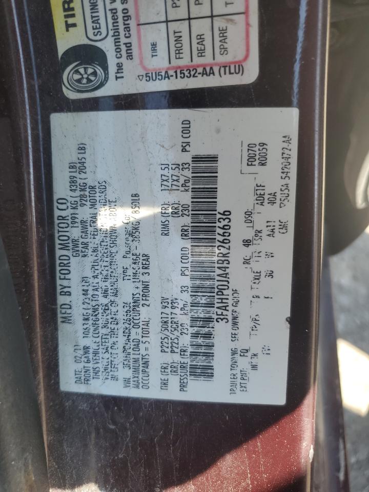 2011 Ford Fusion Sel VIN: 3FAHP0JA4BR266636 Lot: 70492594