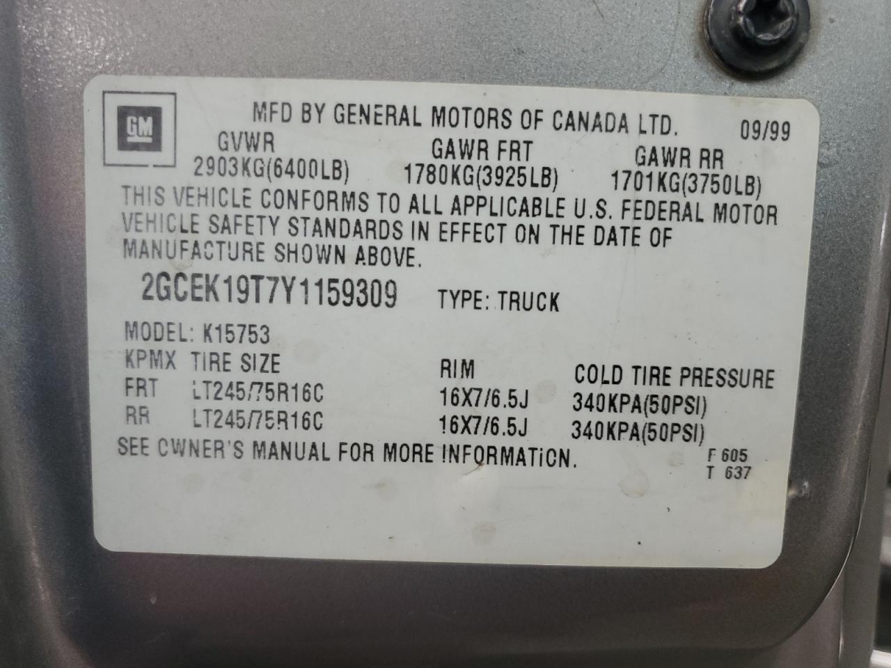 2000 Chevrolet Silverado K1500 VIN: 2GCEK19T7Y1159309 Lot: 70493334