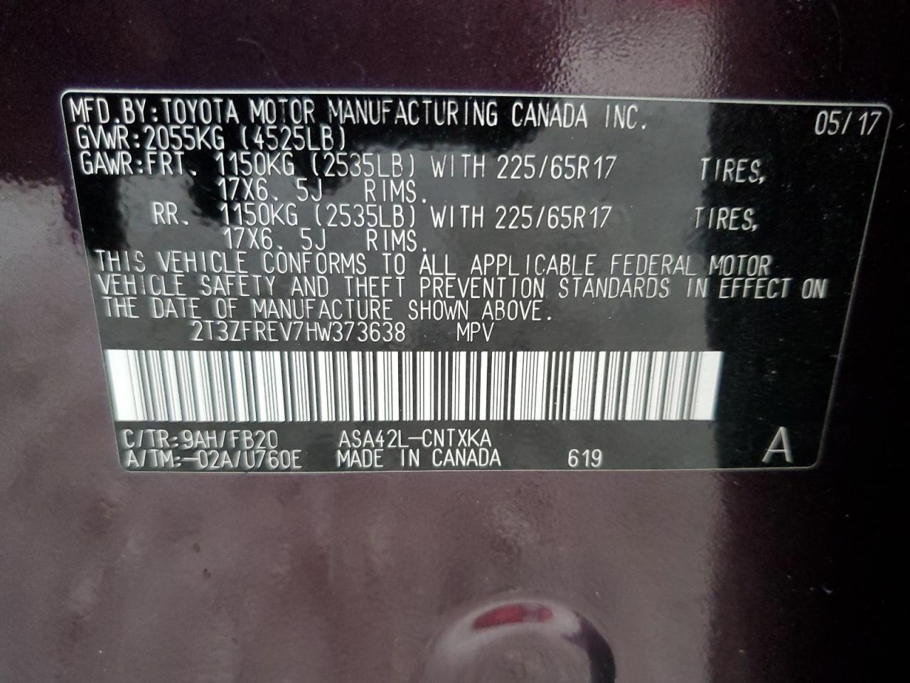 2017 Toyota Rav4 Le VIN: 2T3ZFREV7HW373638 Lot: 70095684