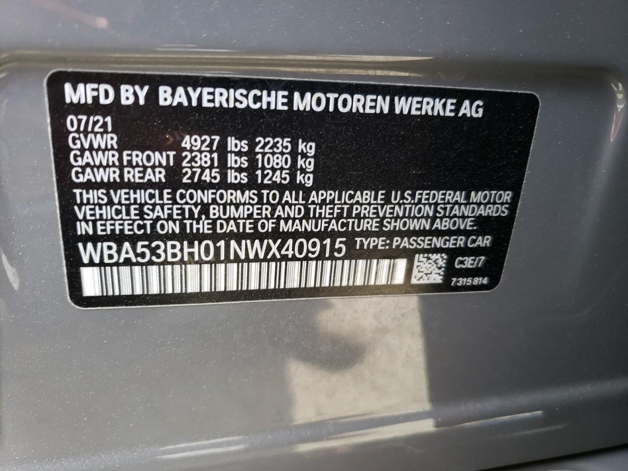 WBA53BH01NWX40915 2022 BMW 530 I