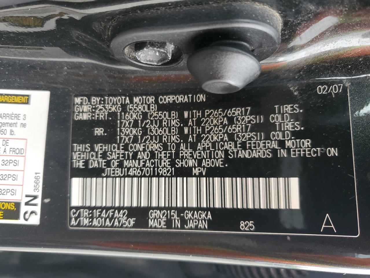 JTEBU14R670119821 2007 Toyota 4Runner Sr5