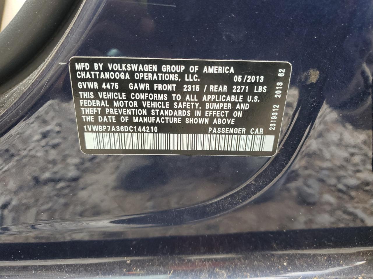 2013 Volkswagen Passat Se VIN: 1VWBP7A36DC144210 Lot: 73062504