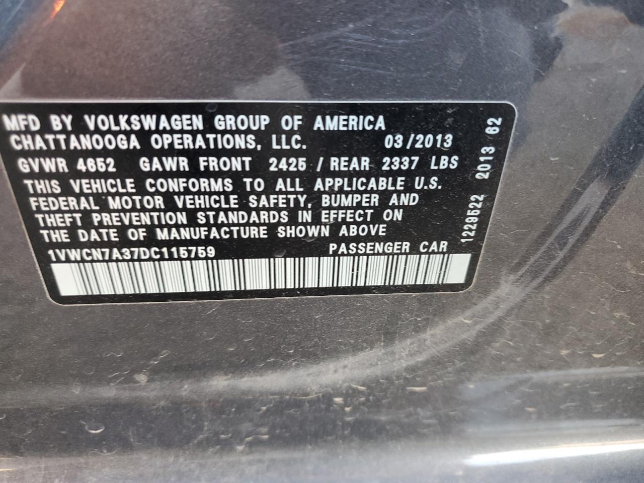 2013 Volkswagen Passat Sel VIN: 1VWCN7A37DC115759 Lot: 73243084