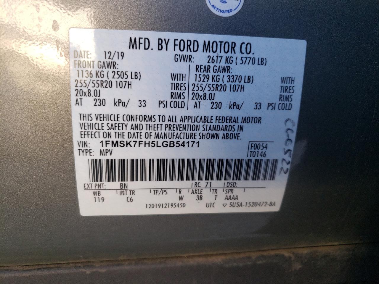 1FMSK7FH5LGB54171 2020 Ford Explorer Limited