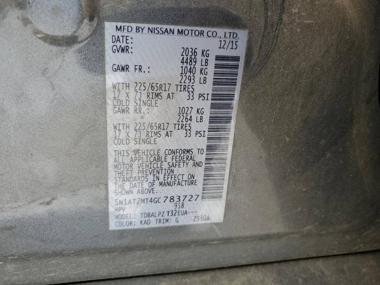 5N1AT2MT4GC783727 2016 Nissan Rogue S