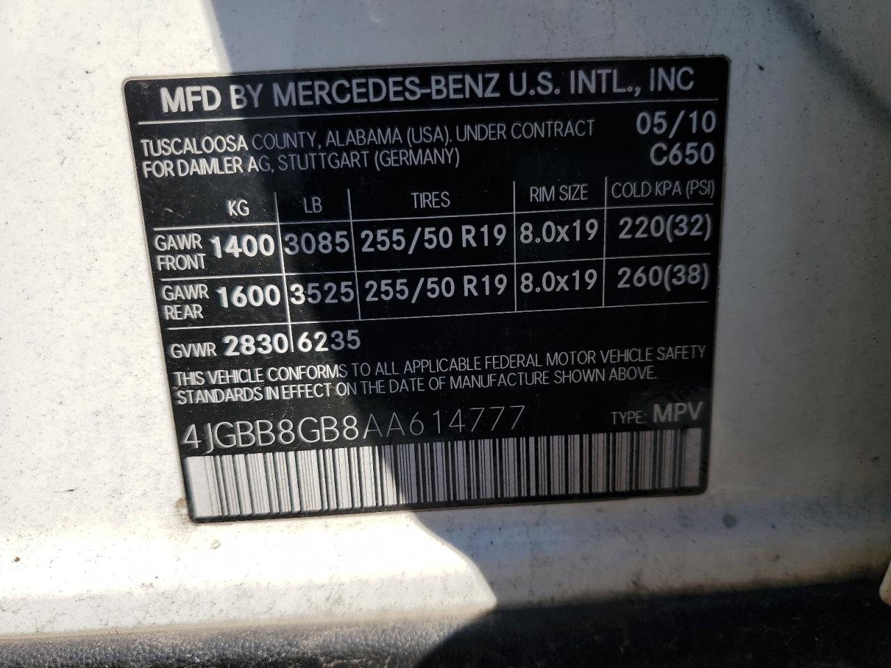 4JGBB8GB8AA614777 2010 Mercedes-Benz Ml 350 4Matic