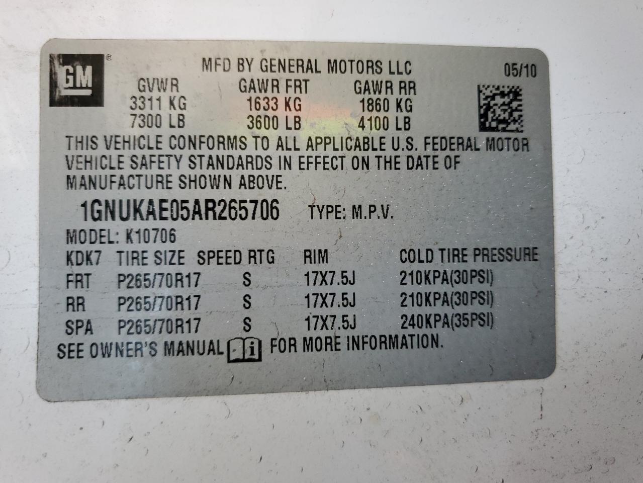 1GNUKAE05AR265706 2010 Chevrolet Tahoe K1500 Ls