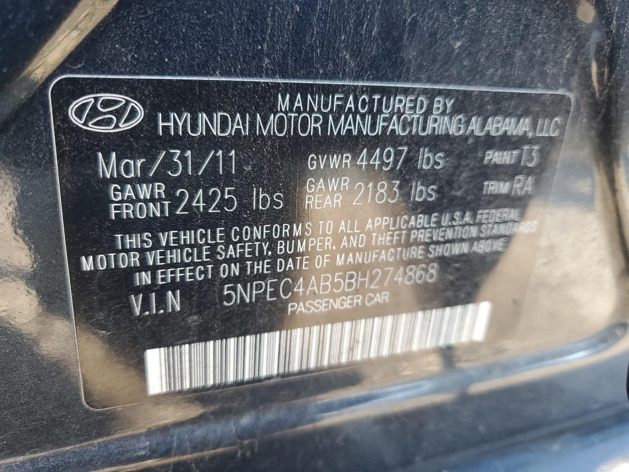 5NPEC4AB5BH274868 2011 Hyundai Sonata Se