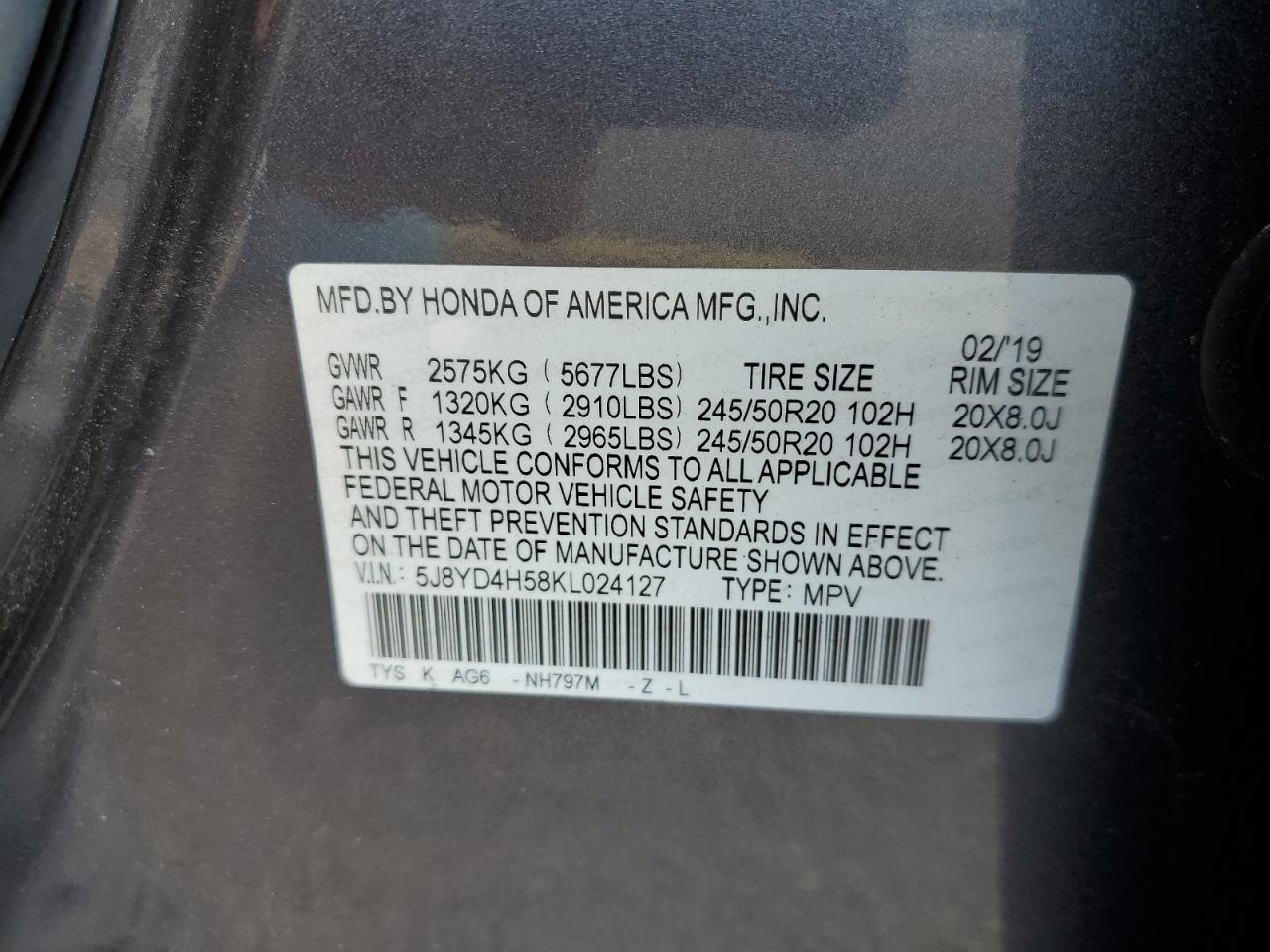 5J8YD4H58KL024127 2019 Acura Mdx Technology