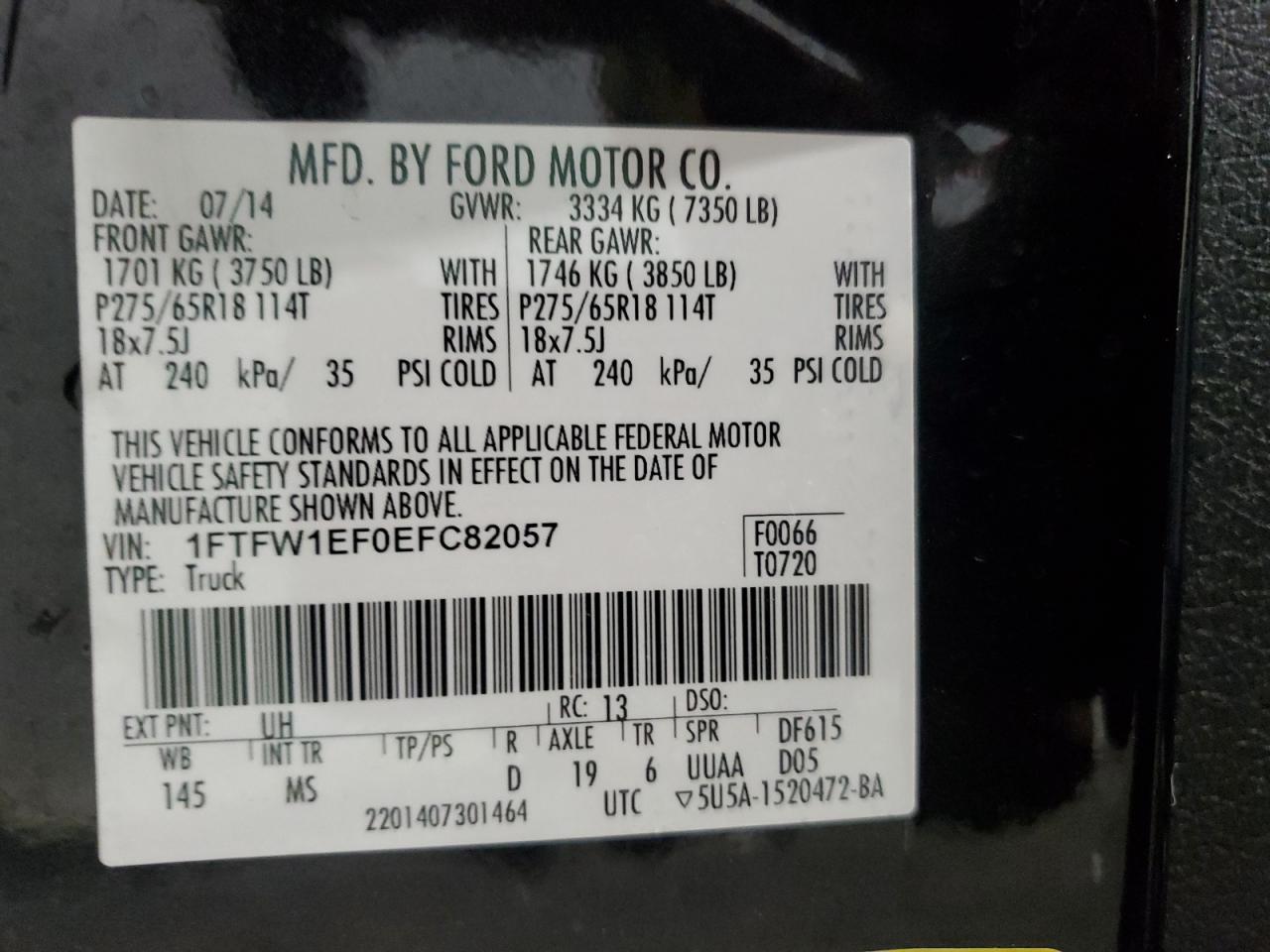 2014 Ford F150 Supercrew VIN: 1FTFW1EF0EFC82057 Lot: 73233144