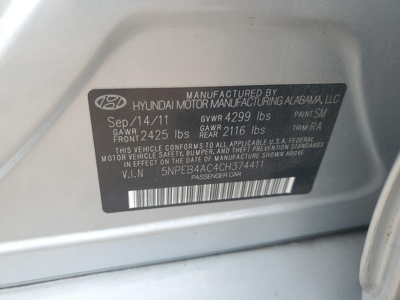 5NPEB4AC4CH374411 2012 Hyundai Sonata Gls