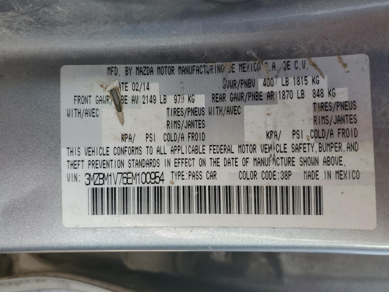 2014 Mazda 3 Touring VIN: 3MZBM1V76EM100954 Lot: 70057844