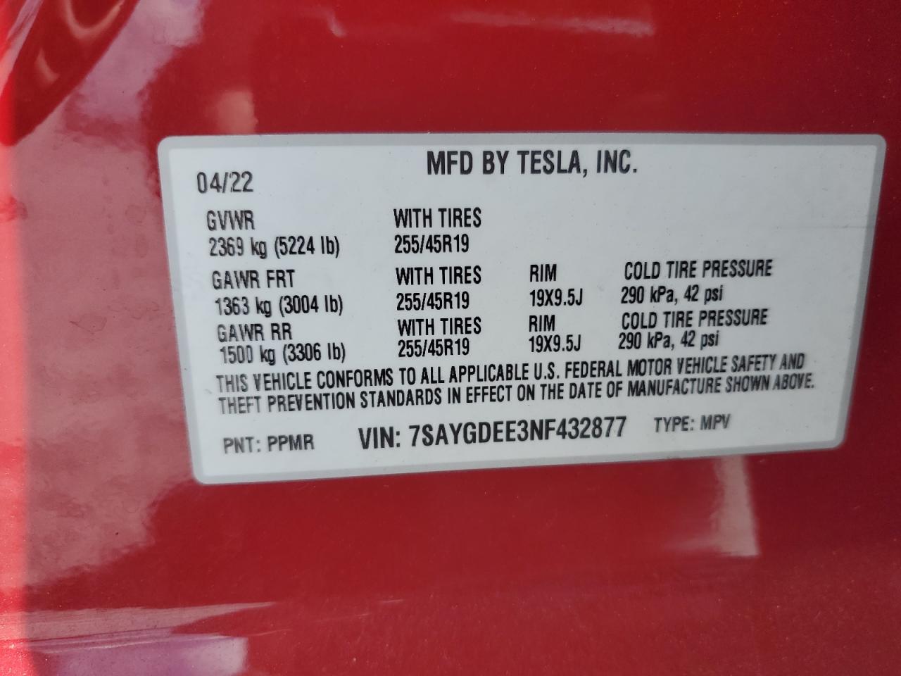 2022 Tesla Model Y VIN: 7SAYGDEE3NF432877 Lot: 68941514