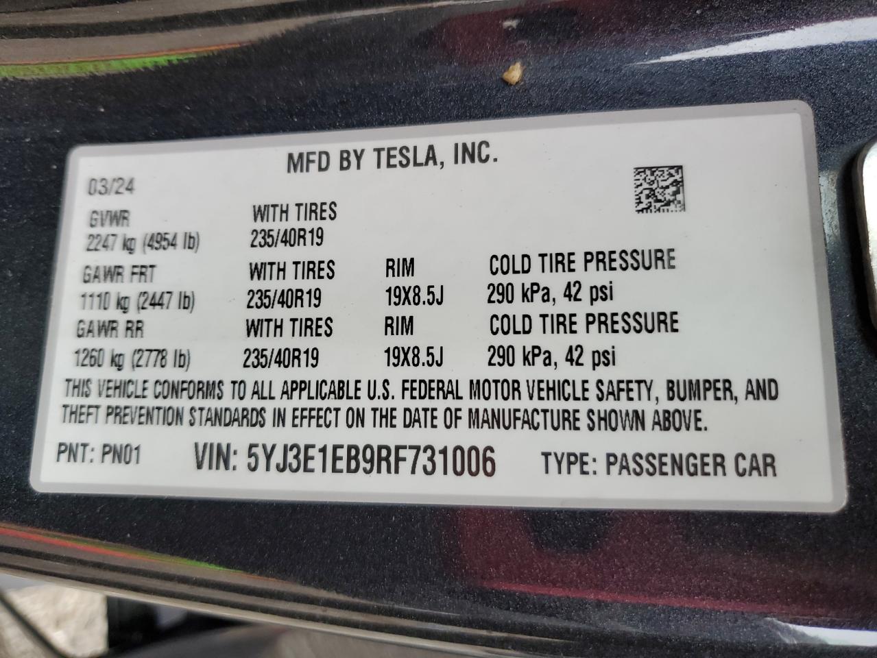 2024 Tesla Model 3 VIN: 5YJ3E1EB9RF731006 Lot: 73164284