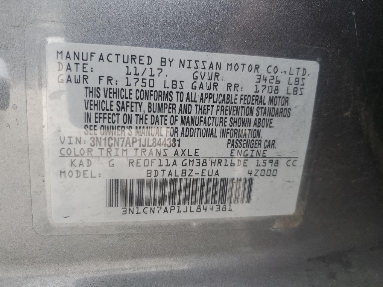 3N1CN7AP1JL844381 2018 Nissan Versa S