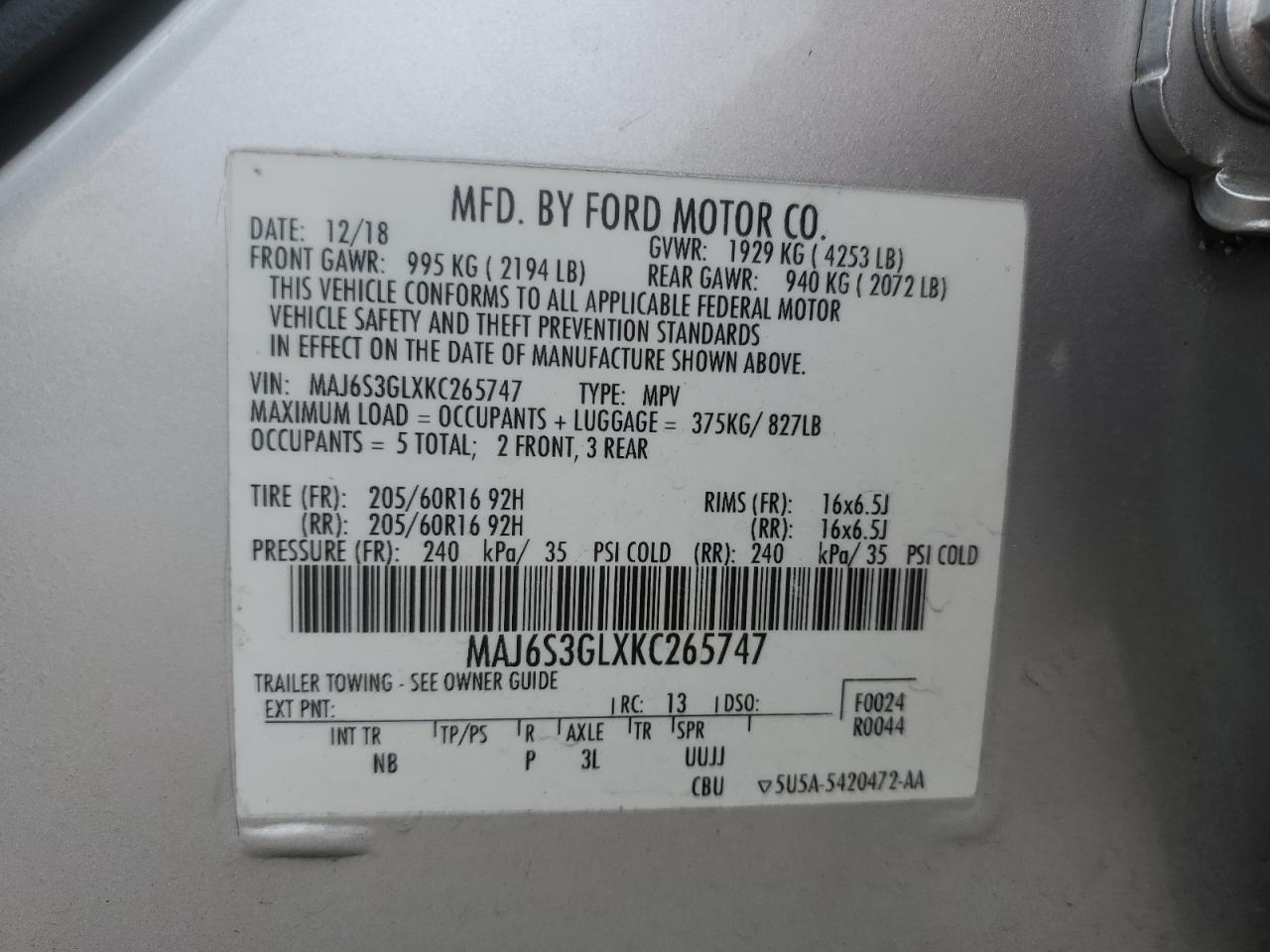 MAJ6S3GLXKC265747 2019 Ford Ecosport Se