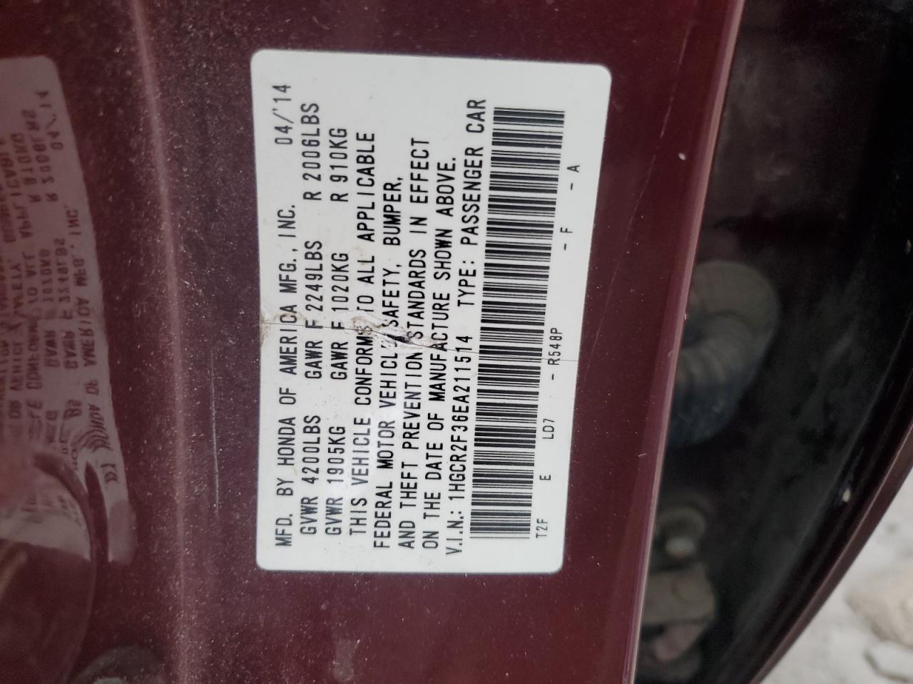 1HGCR2F36EA211514 2014 Honda Accord Lx