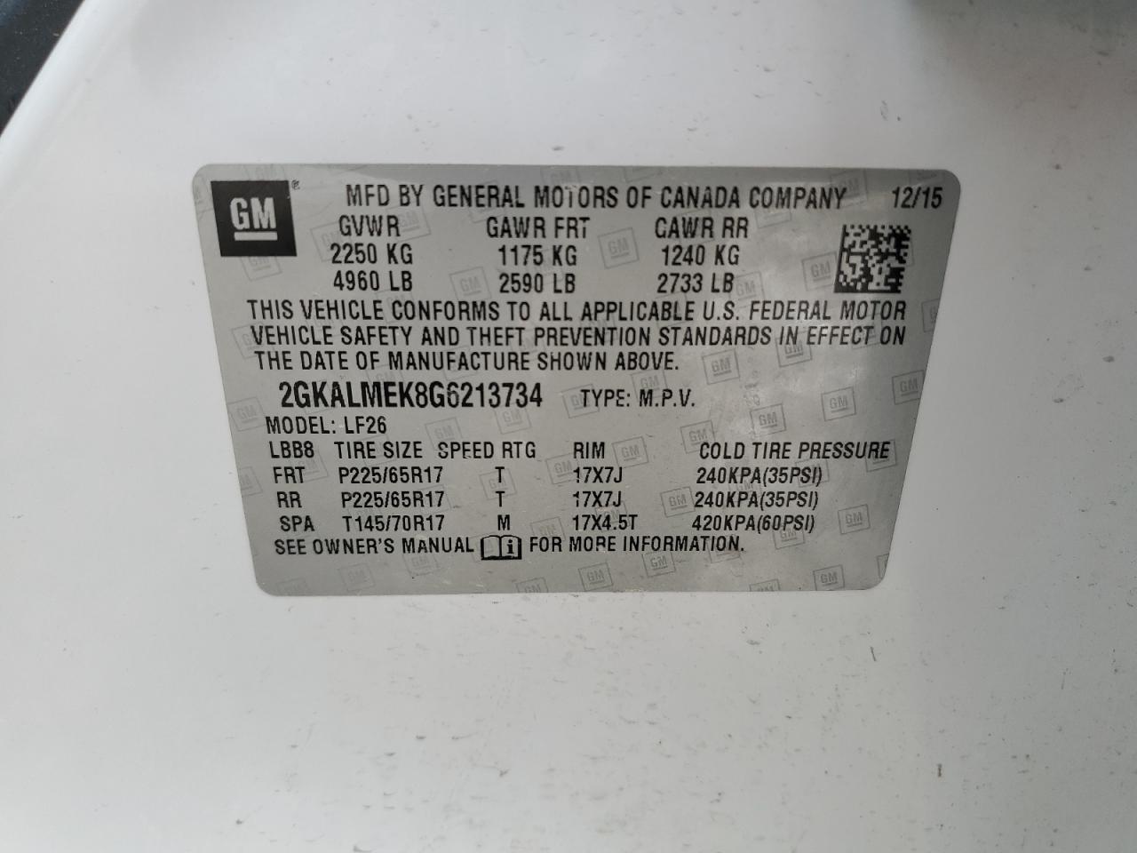 2GKALMEK8G6213734 2016 GMC Terrain Sle