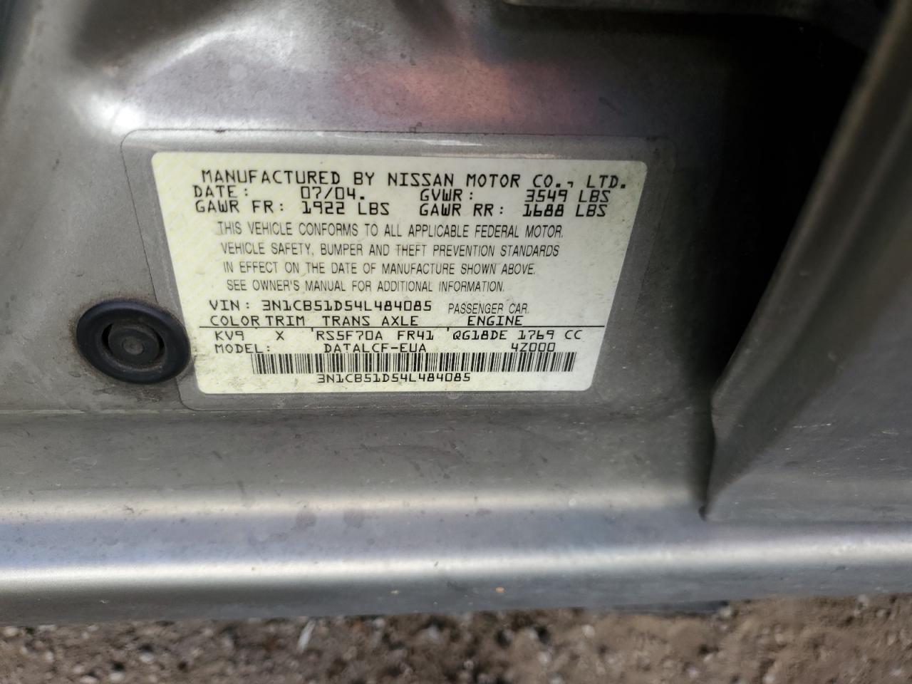 3N1CB51D54L484085 2004 Nissan Sentra 1.8