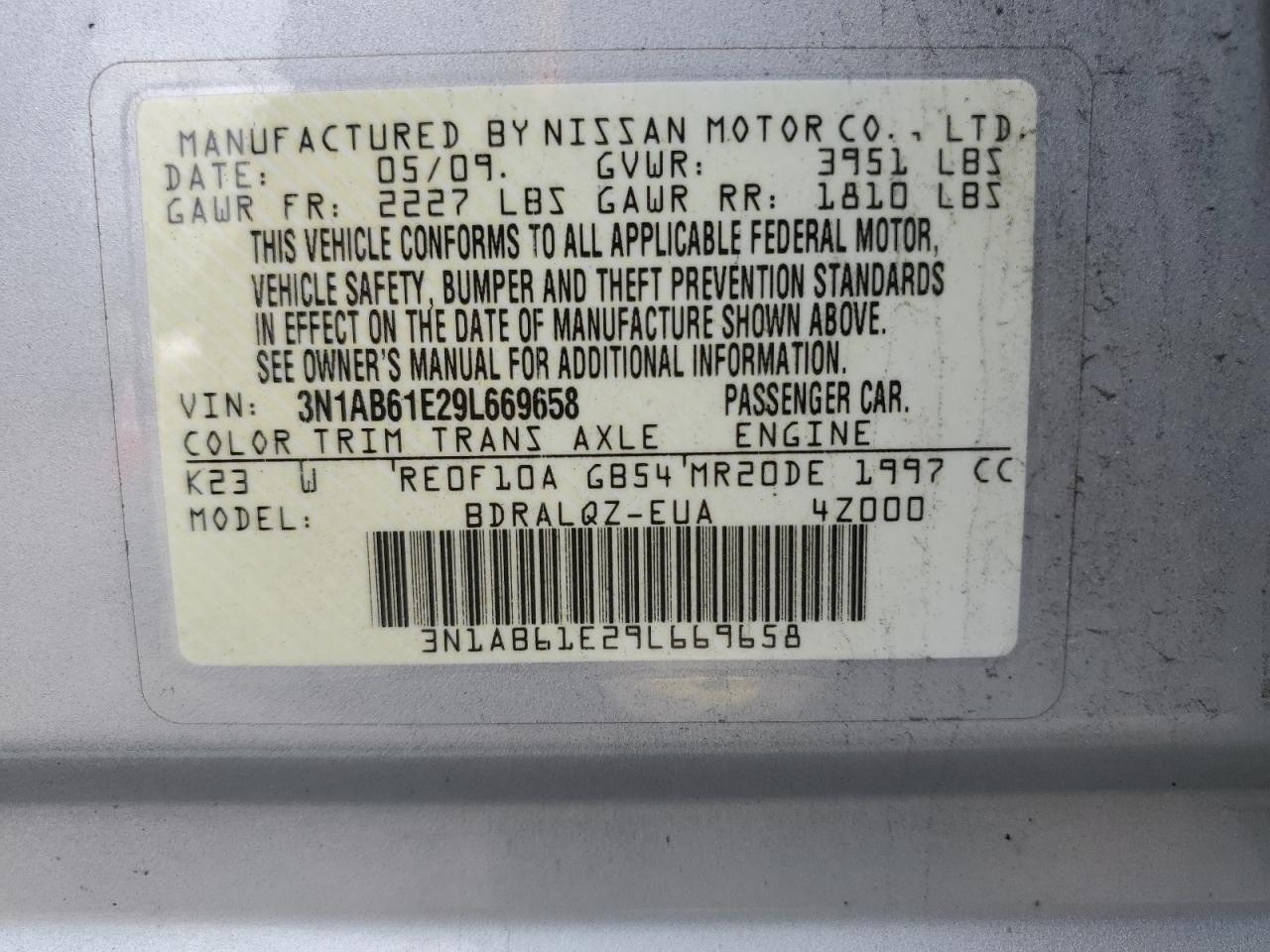 3N1AB61E29L669658 2009 Nissan Sentra 2.0