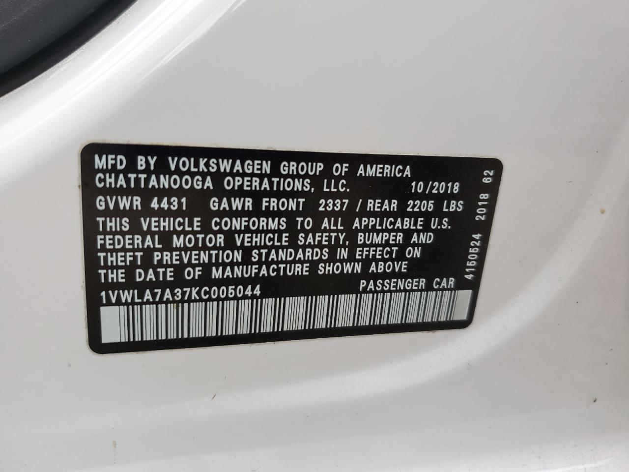 2019 Volkswagen Passat Wolfsburg VIN: 1VWLA7A37KC005044 Lot: 70259164