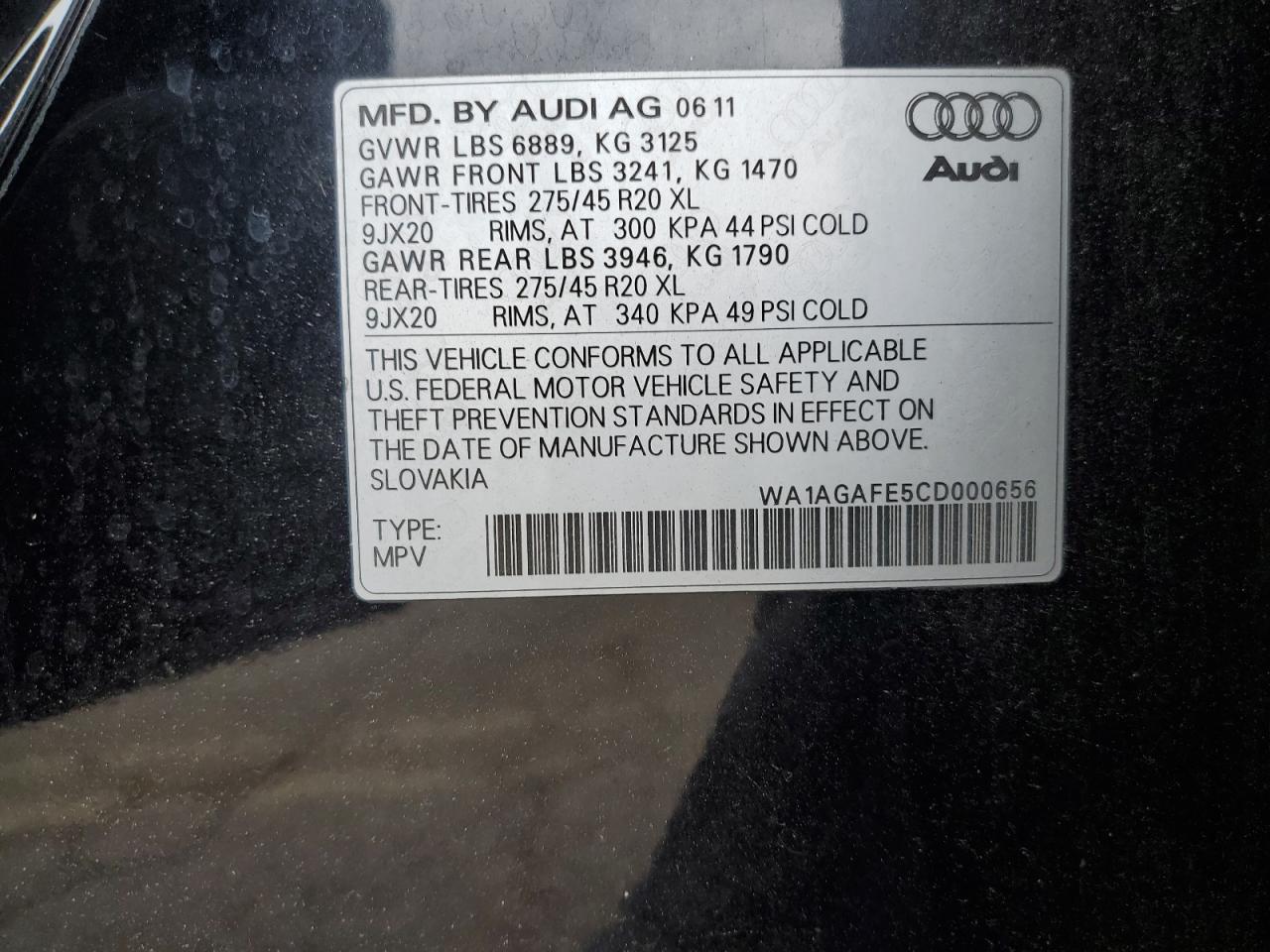 2012 Audi Q7 Prestige VIN: WA1AGAFE5CD000656 Lot: 72162024