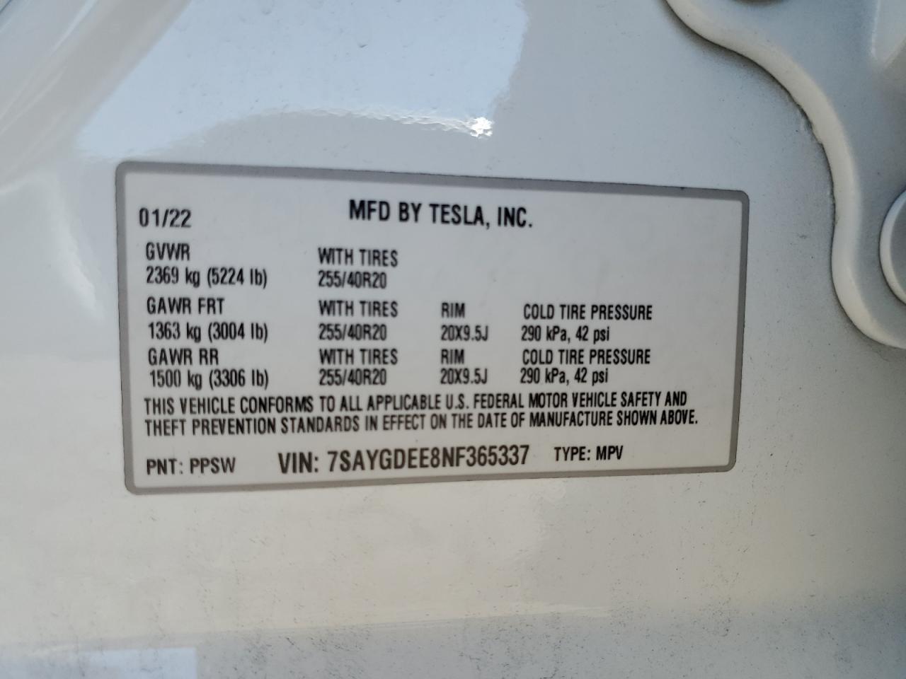 7SAYGDEE8NF365337 2022 Tesla Model Y