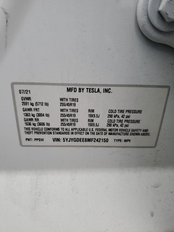 2021 Tesla Model Y VIN: 5YJYGDEE8MF242150 Lot: 71605214