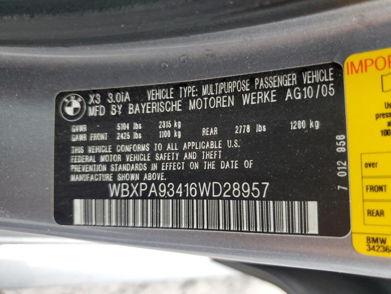 WBXPA93416WD28957 2006 BMW X3 3.0I