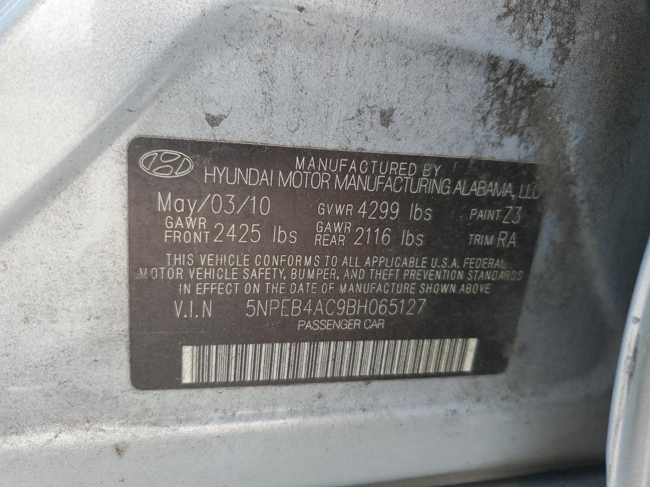 5NPEB4AC9BH065127 2011 Hyundai Sonata Gls