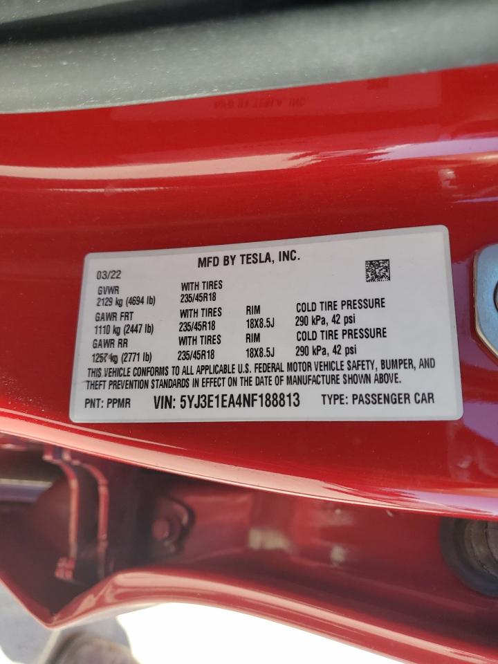 5YJ3E1EA4NF188813 2022 Tesla Model 3