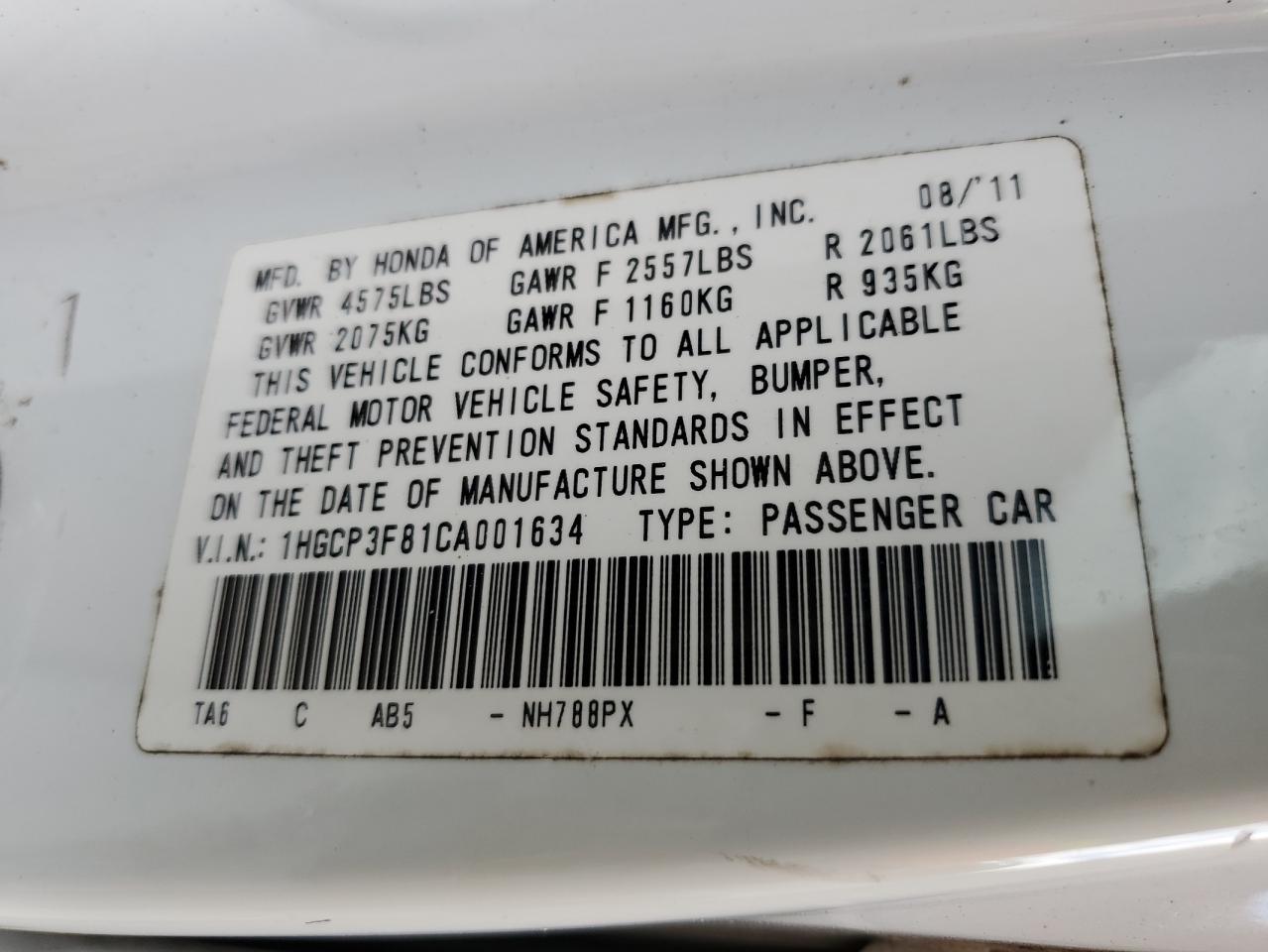 1HGCP3F81CA001634 2012 Honda Accord Exl