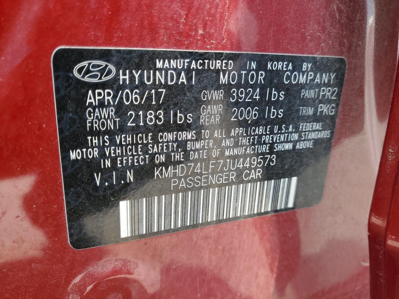 2018 Hyundai Elantra Se VIN: KMHD74LF7JU449573 Lot: 71644064