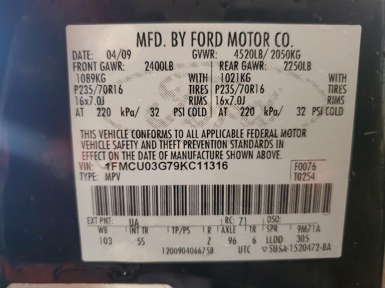 2009 Ford Escape Xlt VIN: 1FMCU03G79KC11316 Lot: 73152084